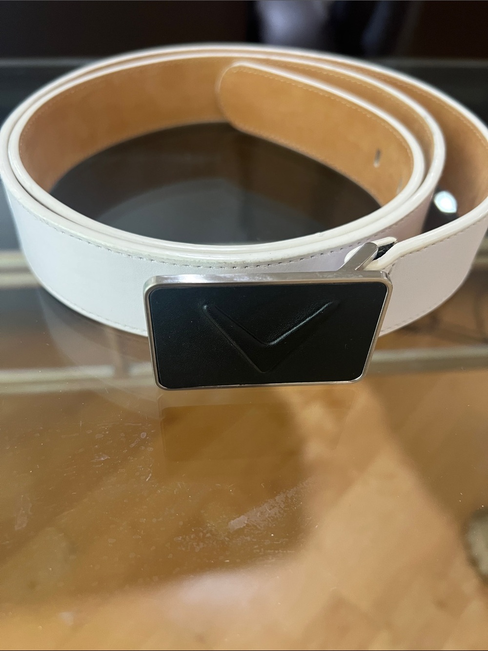 Men's White Leather Belt with Black Accent Buckle